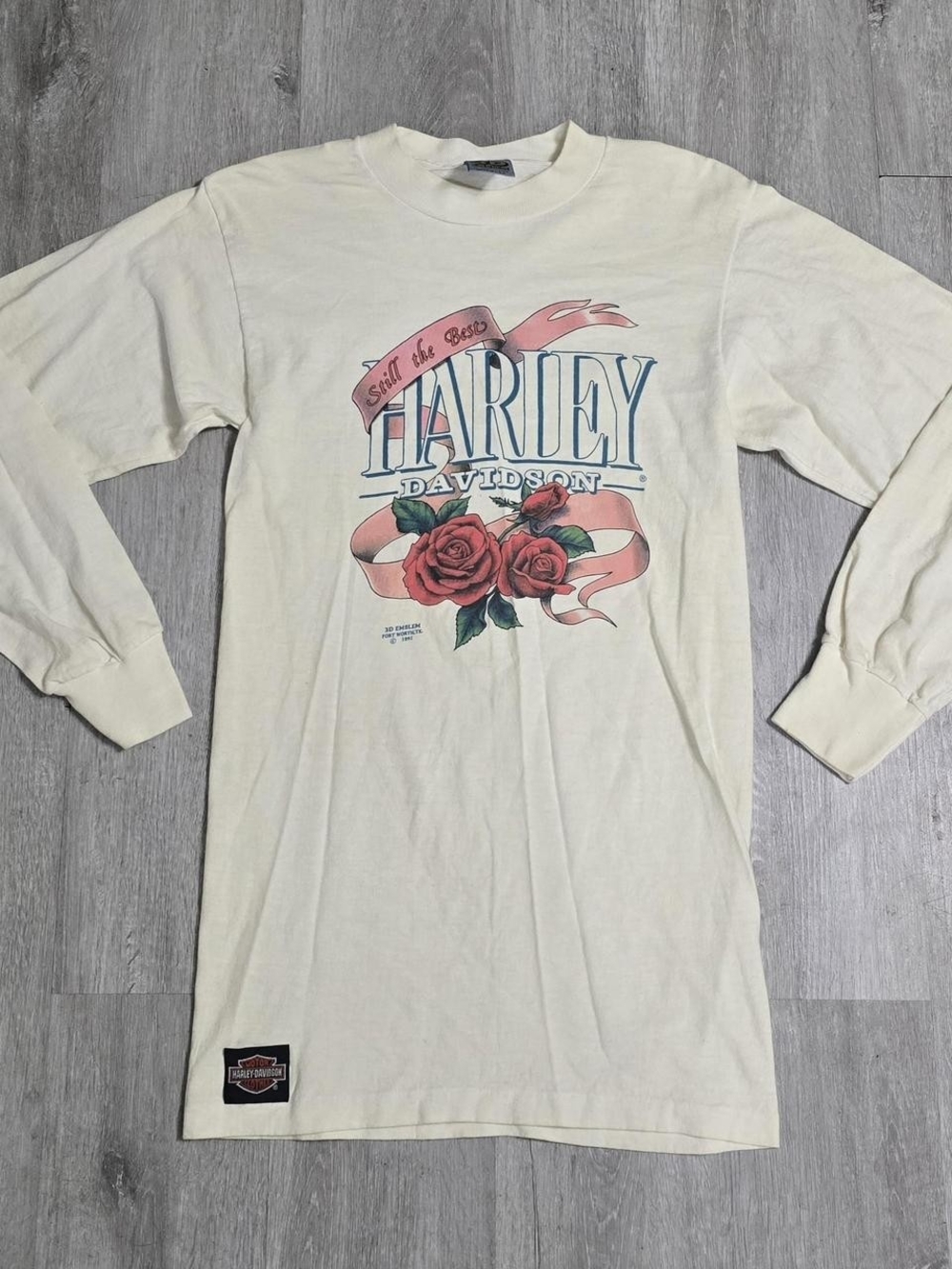 Vintage 1991 Harley Davidson 3D Emblem Cream Long Sleeve Tee Roses Womens Small